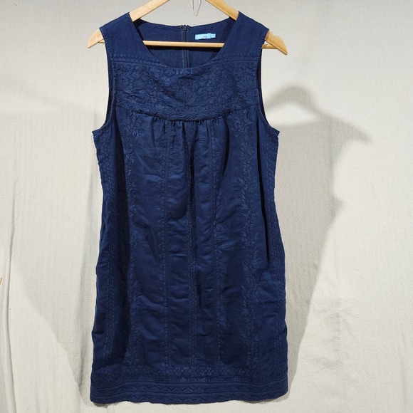 J. McLaughlin Navy Blue Linen‎ Blend Embroidered Sleeveless Midi Dress Women's L - Picture 1 of 10